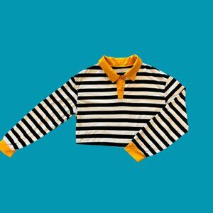 Girls black & white striped long-sleeve cropped polo (SM)